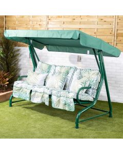 Roma 3 Seater Green Swing Seat with Bamboo Leaf Classic Cushions