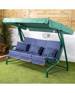 Roma 3 Seater Green Swing Seat with Navy Blue Luxury Cushions
