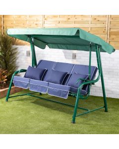 Turin 3 Seater Reclining Green Swing Seat with Navy Blue Luxury Cushions