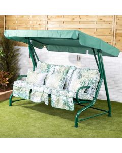 Roma 3 Seater Green Swing Seat with Bamboo Leaf Classic Cushions